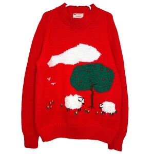 Vintage Kids Hand Knit‎ Sheep Sweater Size M Farmhouse Animal Apple Tree Winter
